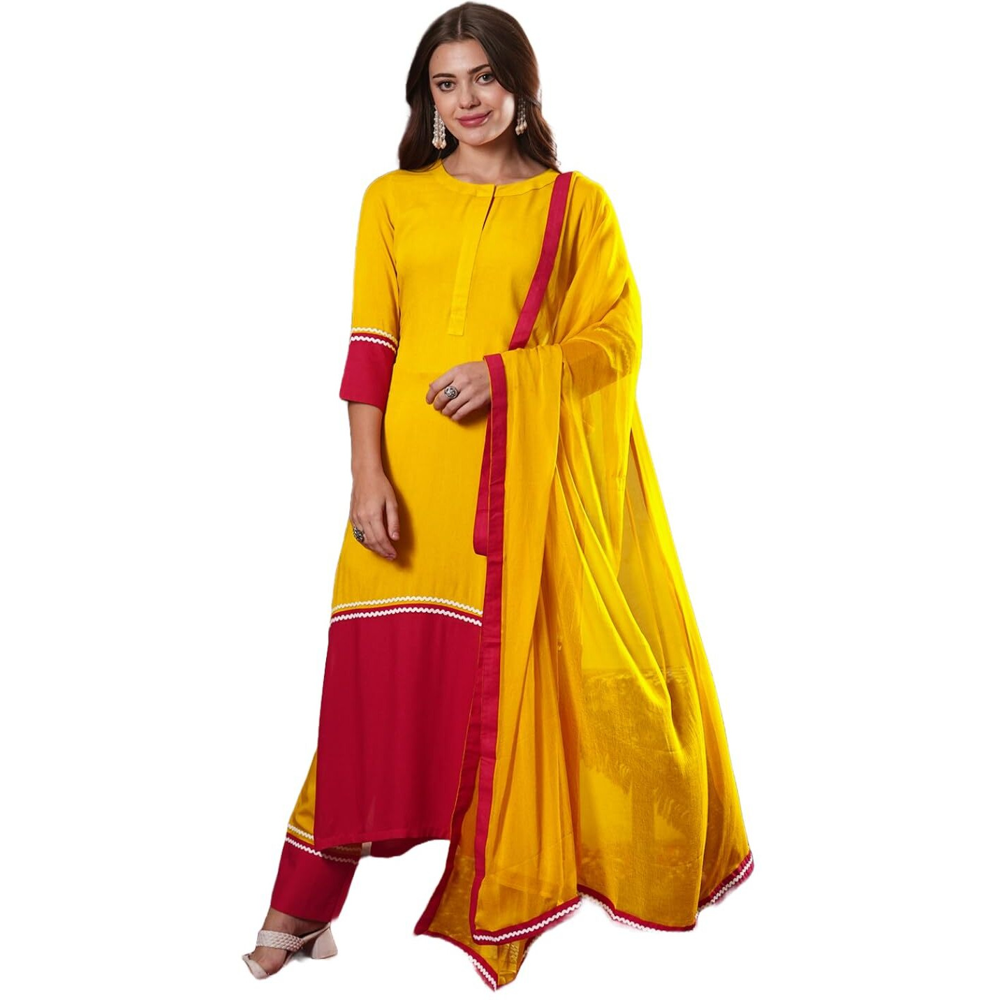 ANNI DESIGNER Women's Cotton Blend Straight Solid Kurta with Pant & Dupatta (PANAI Yellow_L_Yellow_Large)