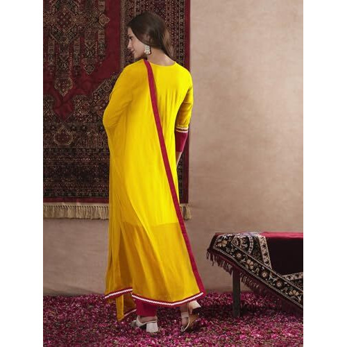 ANNI DESIGNER Women's Cotton Blend Straight Solid Kurta with Pant & Dupatta (PANAI Yellow_L_Yellow_Large)