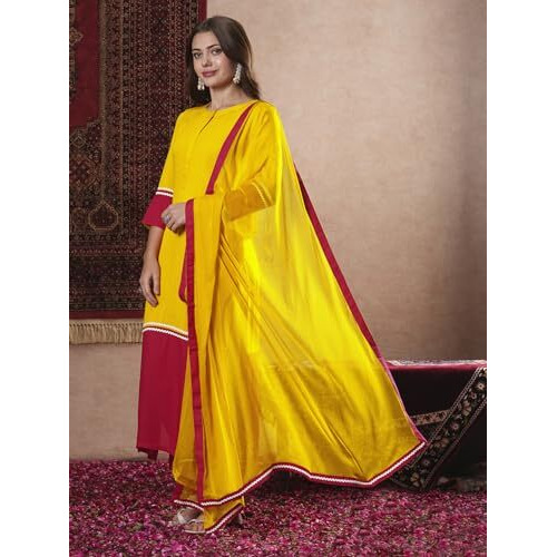 ANNI DESIGNER Women's Cotton Blend Straight Solid Kurta with Pant & Dupatta (PANAI Yellow_L_Yellow_Large)