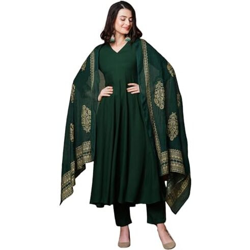 ANNI DESIGNER Women's Rayon Blend Solid Anarkali Kurta with Pant & Dupatta (Magic-Green-NB_L_Green_Large)