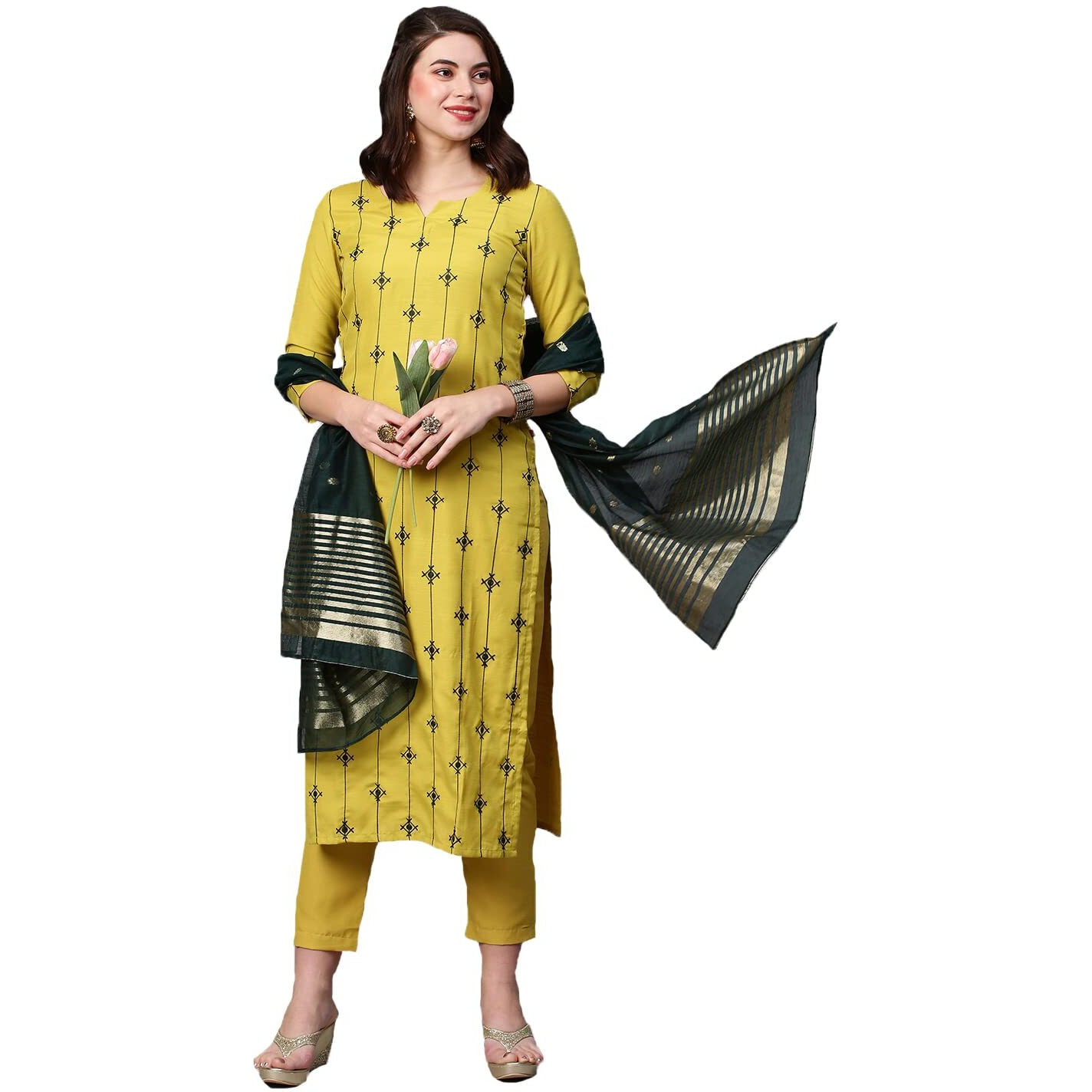 ANNI DESIGNER Women's Cotton Blend Embroidered Straight Kurta with Pant & Dupatta (WORO-Mustard_XL_Mustard_X-Large)