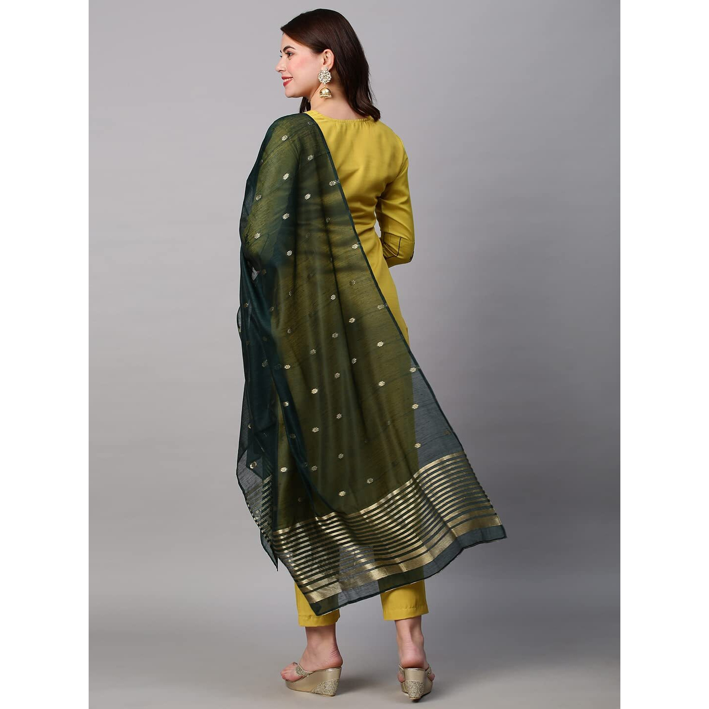 ANNI DESIGNER Women's Cotton Blend Embroidered Straight Kurta with Pant & Dupatta (WORO-Mustard_XL_Mustard_X-Large)