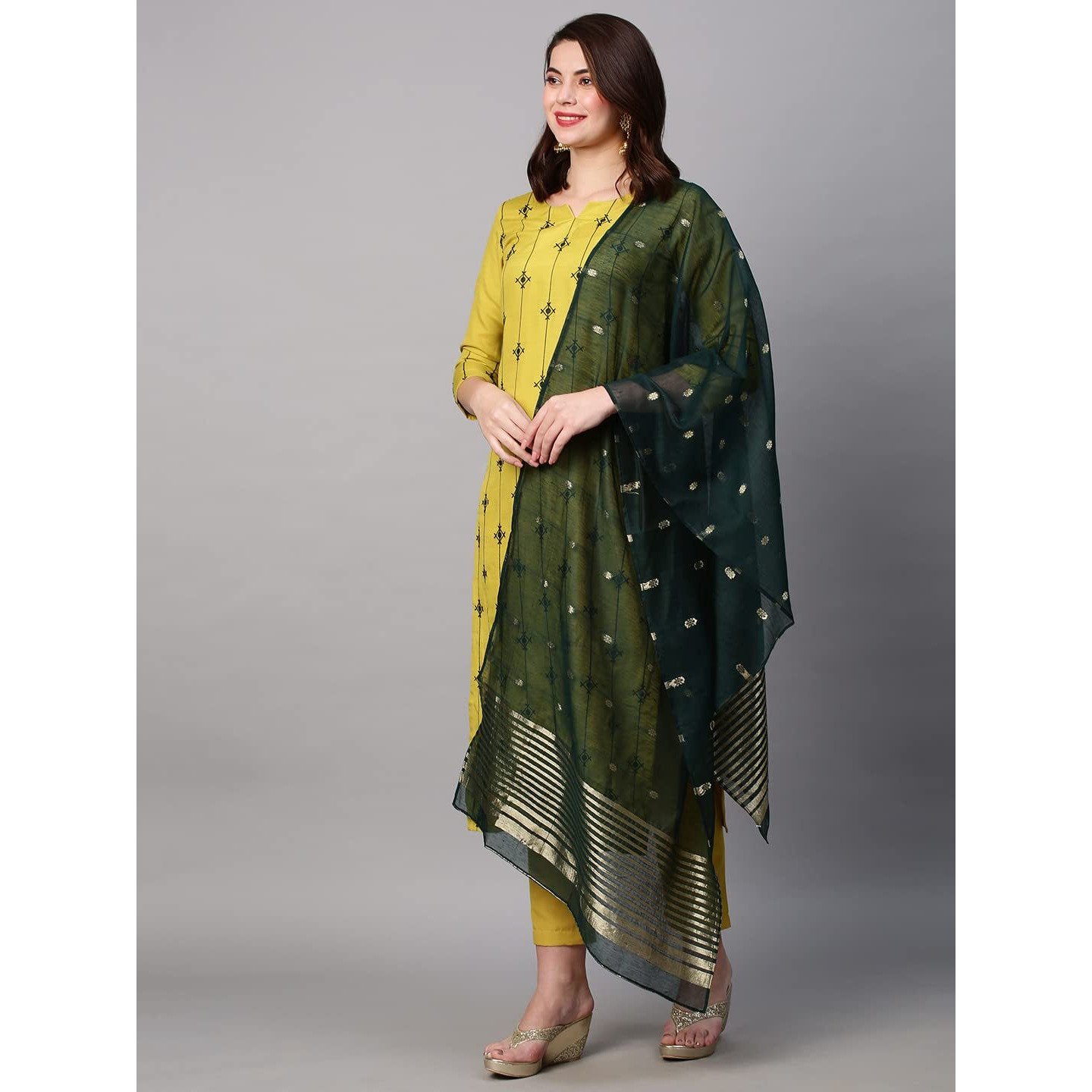 ANNI DESIGNER Women's Cotton Blend Embroidered Straight Kurta with Pant & Dupatta (WORO-Mustard_XL_Mustard_X-Large)