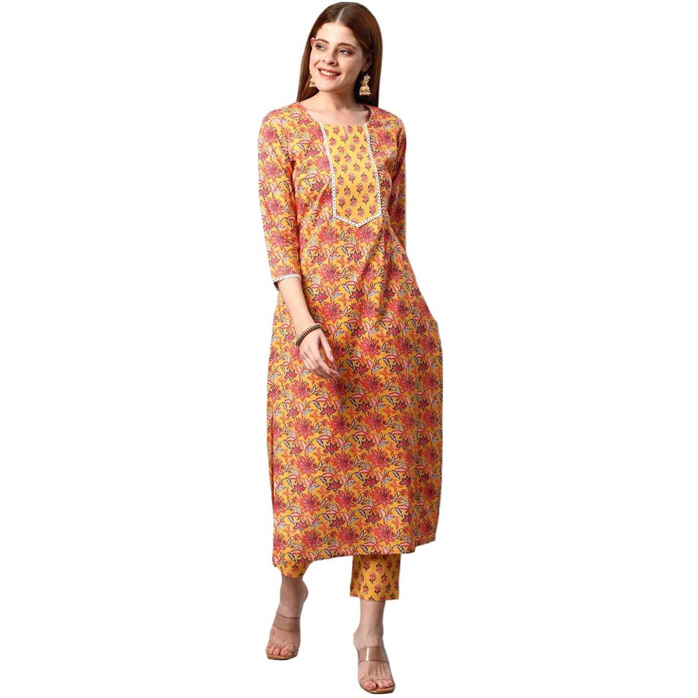 ANNI DESIGNER Women's Cotton Blend Printed Straight Kurta with Pant (Sarva-Grey & Yellow_S_Dark Blue_Small)