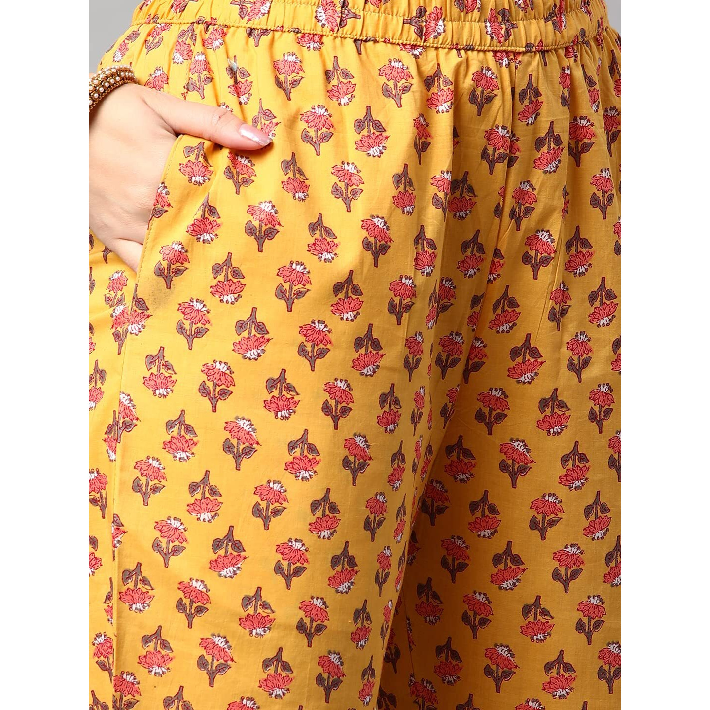 ANNI DESIGNER Women's Cotton Blend Printed Straight Kurta with Pant (Sarva-Grey & Yellow_S_Dark Blue_Small)