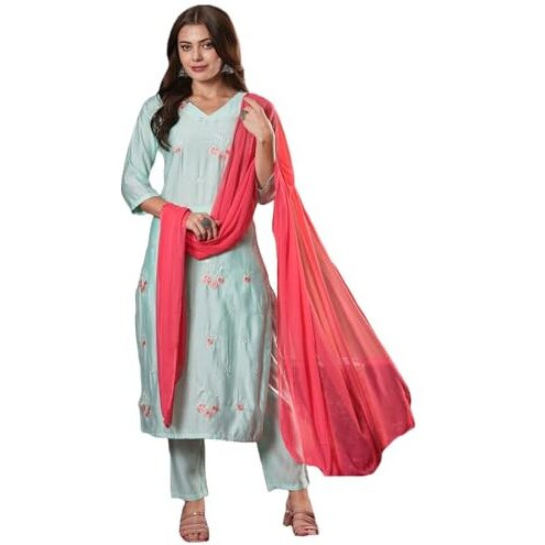 ANNI DESIGNER Women's Rayon Blend Embroidered Straight Kurta with Pant & Dupatta (Baad Green-VKS07_L_Green_Large)