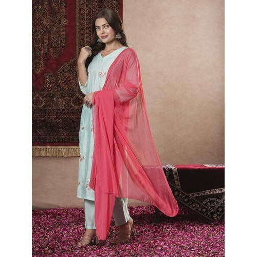 ANNI DESIGNER Women's Rayon Blend Embroidered Straight Kurta with Pant & Dupatta (Baad Green-VKS07_L_Green_Large)