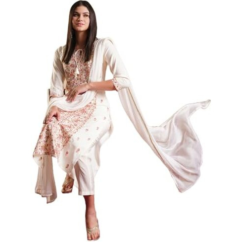 ANNI DESIGNER Women's Rayon Blend Staright Embroidered Kurta with Pant & Dupatta (Kochi White-VKS01_S_White_Small)