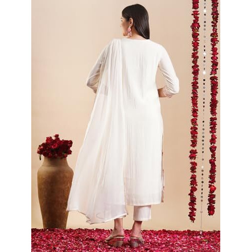 ANNI DESIGNER Women's Rayon Blend Staright Embroidered Kurta with Pant & Dupatta (Kochi White-VKS01_S_White_Small)