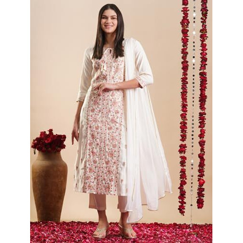 ANNI DESIGNER Women's Rayon Blend Staright Embroidered Kurta with Pant & Dupatta (Kochi White-VKS01_S_White_Small)