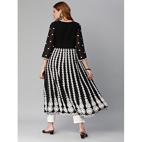 ANNI DESIGNER Women's Georgette Chikankari Embroidered Anarkali Kurti (Kari Black-SM_M_Black_Medium)