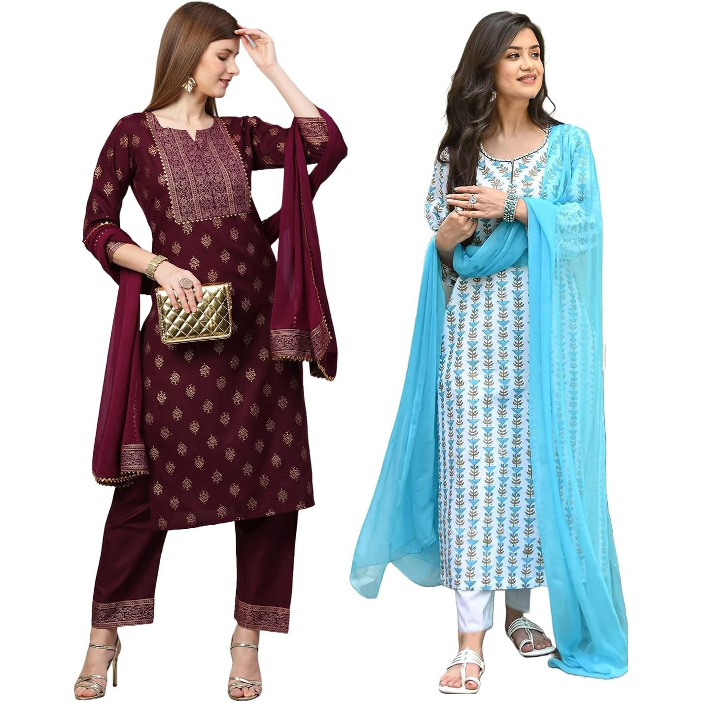 ANNI DESIGNER Women's Cotton Blend Printed Straight Kurta with Pant & Dupatta Pack of 2 (Combo-Coco-Wine-April-Sky Blue_L_Multi_Large)