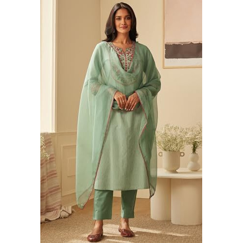 ANNI DESIGNER Women's Cotton Blend Embroidered Straight Kurta with Pant & Dupatta (FARIGUP-Green_L_Green_Large)