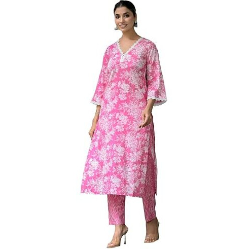 ANNI DESIGNER Women's Rayon Blend Straight Printed Kurta with Pant (SINAMIKA Pink_XXL_Pink_XX-Large)