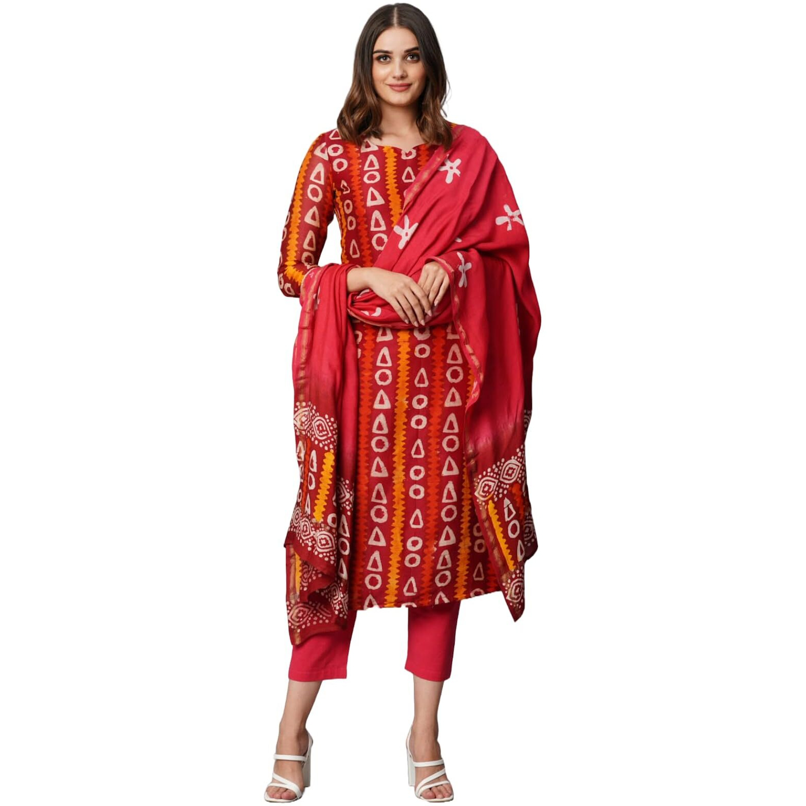 ANNI DESIGNER Women's Cotton Blend Straight Printed Kurta with Pant & Dupatta (Juraho Maroon_XL_Maroon_X-Large)