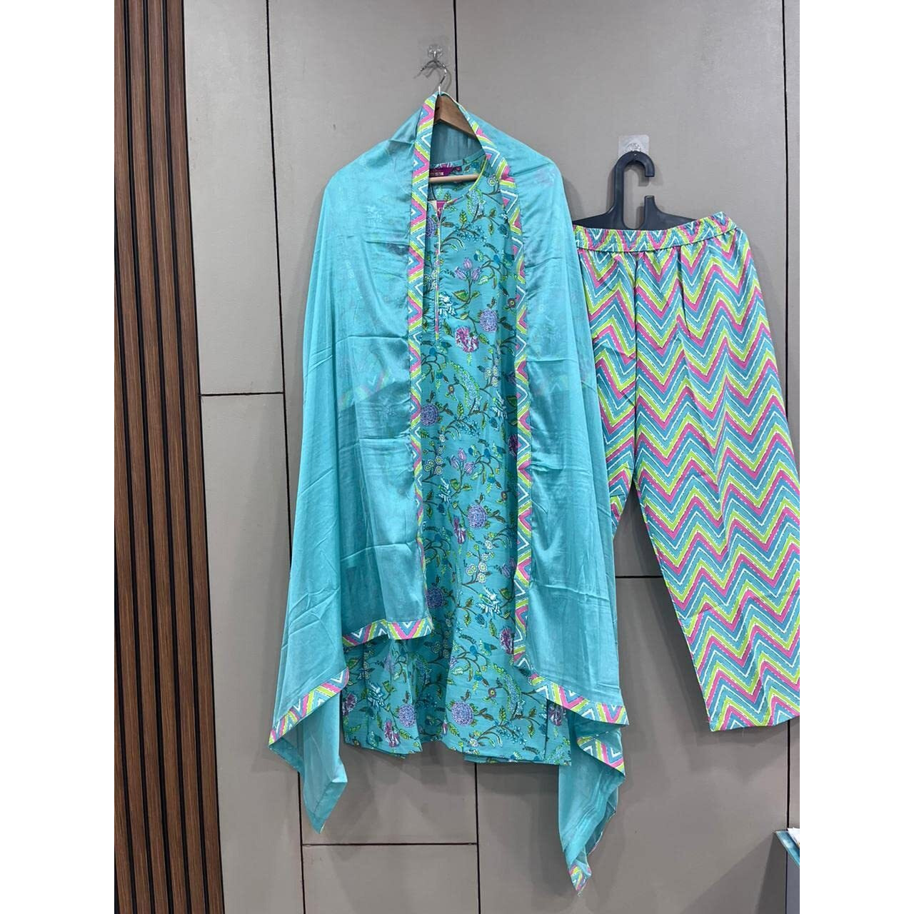 ANNI DESIGNER Women's Cotton Blend Straight Printed Kurta with Pant & Dupatta (Uttar-Sky Blue_XL_Dark Blue_X-Large)