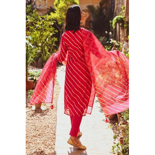 ANNI DESIGNER Women's Cotton Blend Printed Straight Kurta and Pant with Dupatta (Doremi-Pink-NW X-Large)