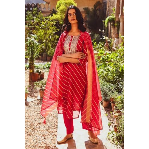 ANNI DESIGNER Women's Cotton Blend Printed Straight Kurta and Pant with Dupatta (Doremi-Pink-NW X-Large)