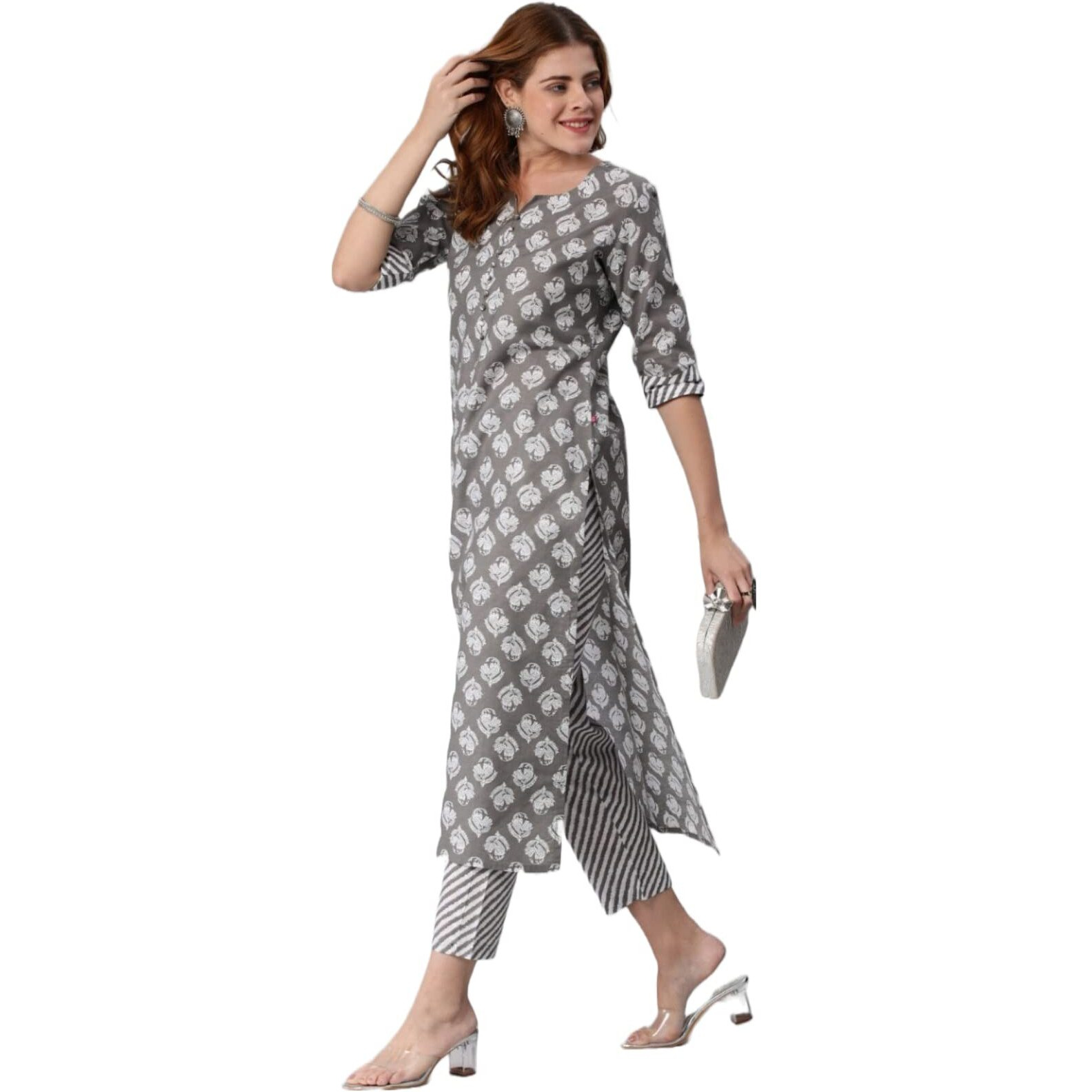 ANNI DESIGNER Women's Cotton Blend Printed Straight Kurta with Pant (Funnu Grey-Nw_3XL_Grey_XXX-Large)