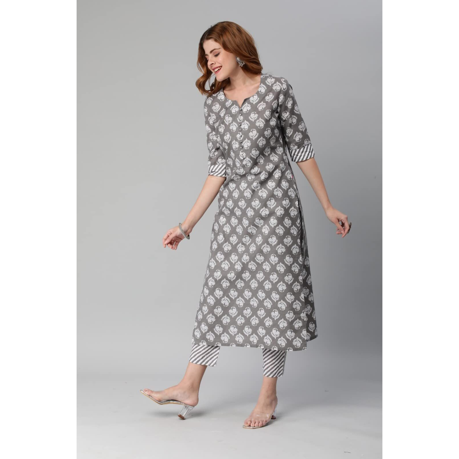ANNI DESIGNER Women's Cotton Blend Printed Straight Kurta with Pant (Funnu Grey-Nw_3XL_Grey_XXX-Large)