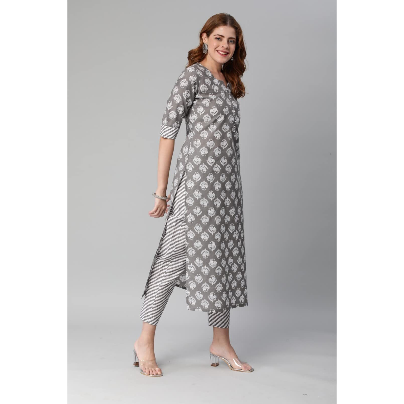 ANNI DESIGNER Women's Cotton Blend Printed Straight Kurta with Pant (Funnu Grey-Nw_3XL_Grey_XXX-Large)