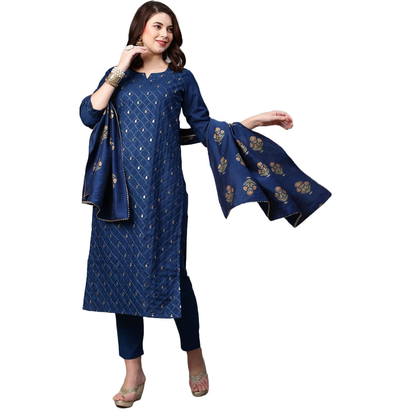 ANNI DESIGNER Women's Cotton Blend Embroidered Straight Kurta with Pant & Dupatta (MYSURU-Dark Blue_M_Dark Blue_Medium)