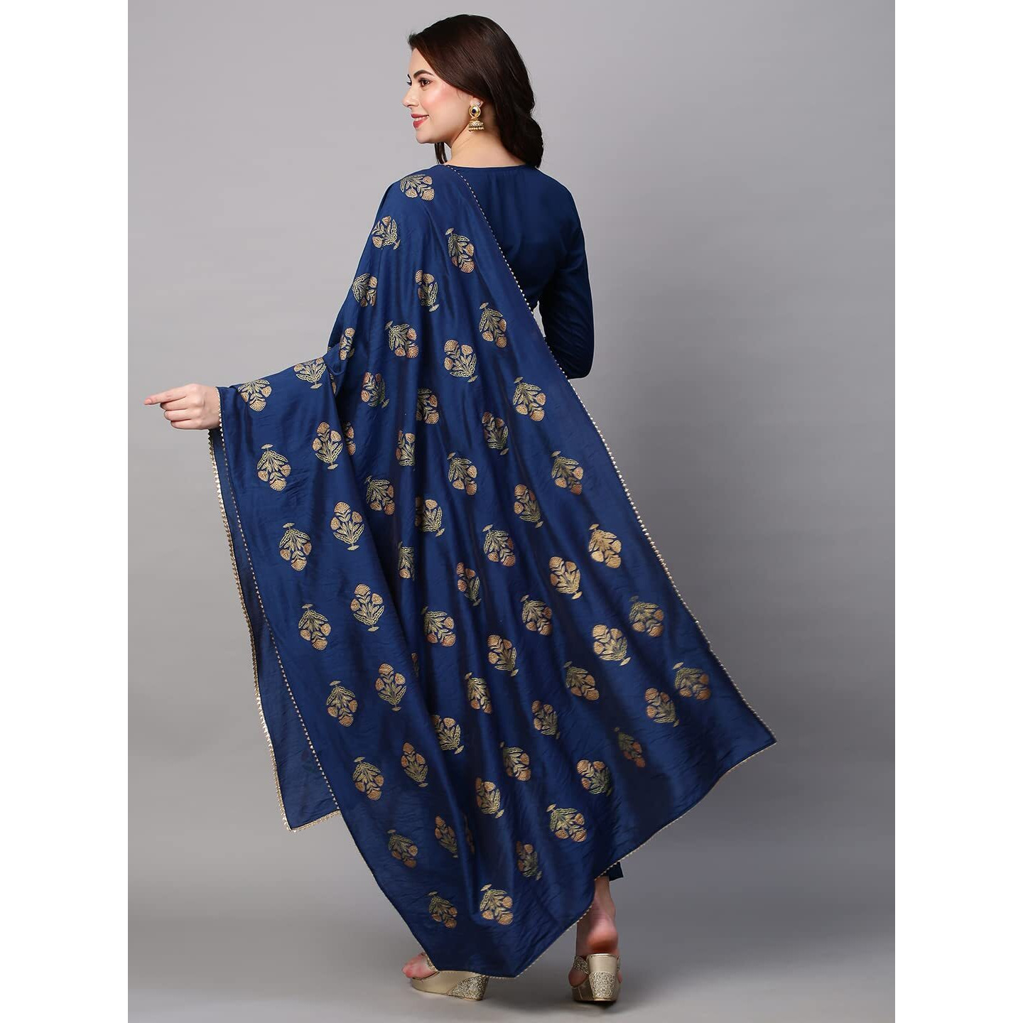 ANNI DESIGNER Women's Cotton Blend Embroidered Straight Kurta with Pant & Dupatta (MYSURU-Dark Blue_M_Dark Blue_Medium)