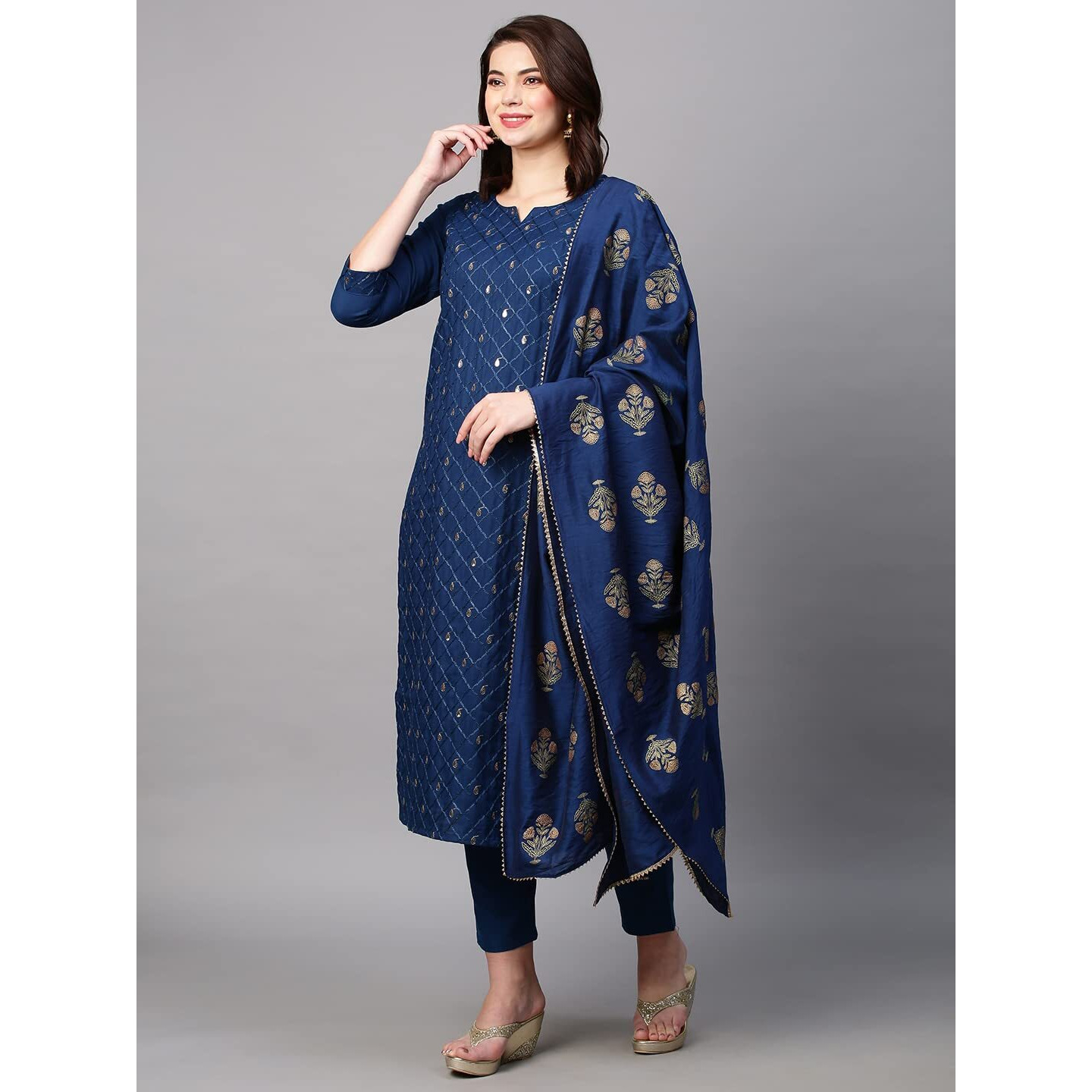 ANNI DESIGNER Women's Cotton Blend Embroidered Straight Kurta with Pant & Dupatta (MYSURU-Dark Blue_M_Dark Blue_Medium)