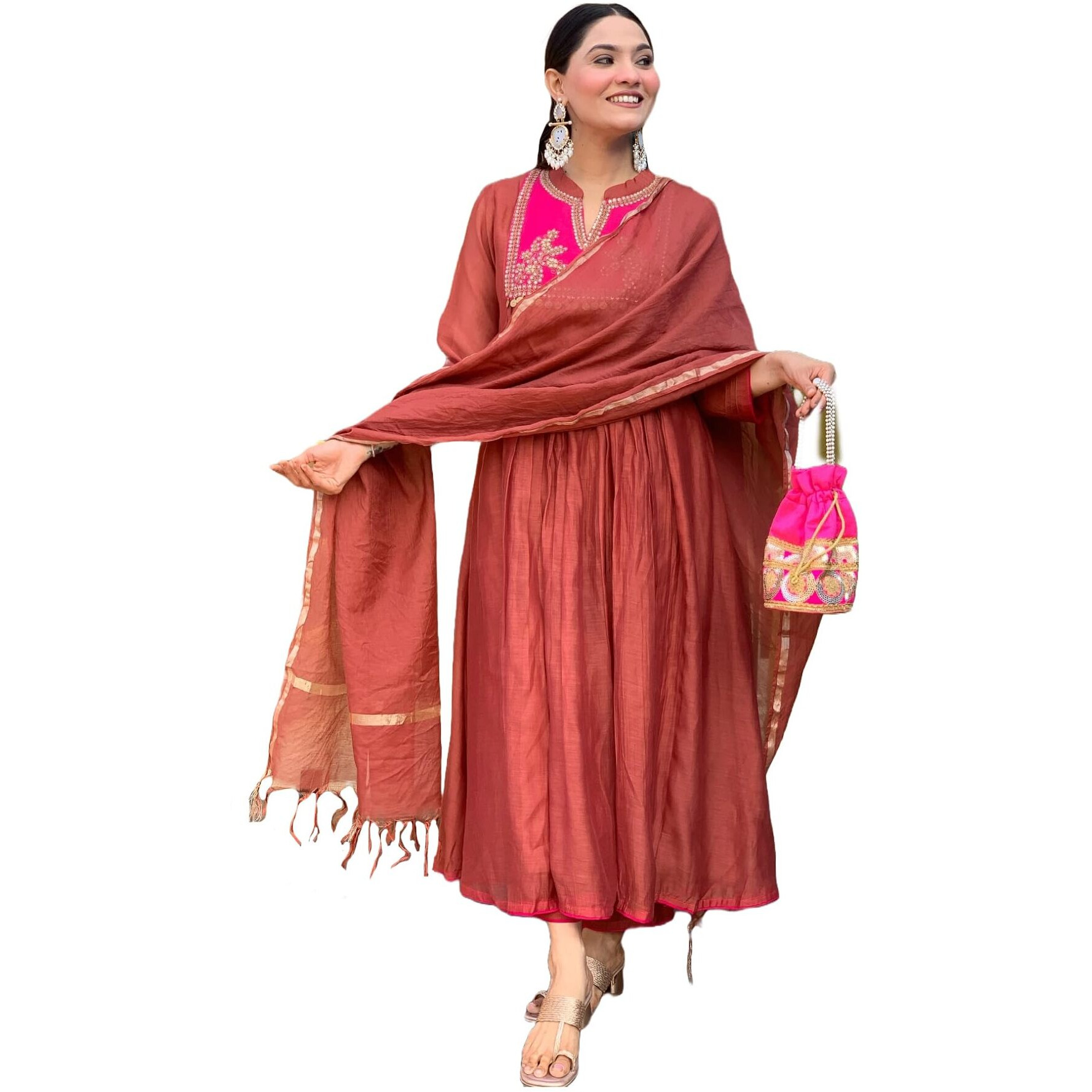 ANNI DESIGNER Women's Rayon Viscose Embroidered Anarkali Kurta with Pant & Dupatta (BRICS Rust_XL_Rust_X-Large)