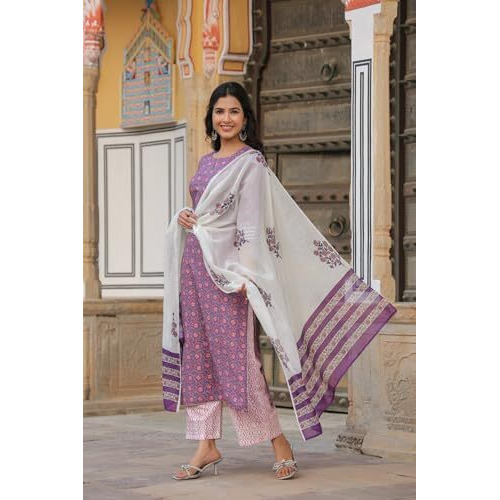ANNI DESIGNER Women's Cotton Blend Straight Printed Kurta with Pant & Dupatta (Blockbuster Multi-NW_S_Multi_Small) Multicolour
