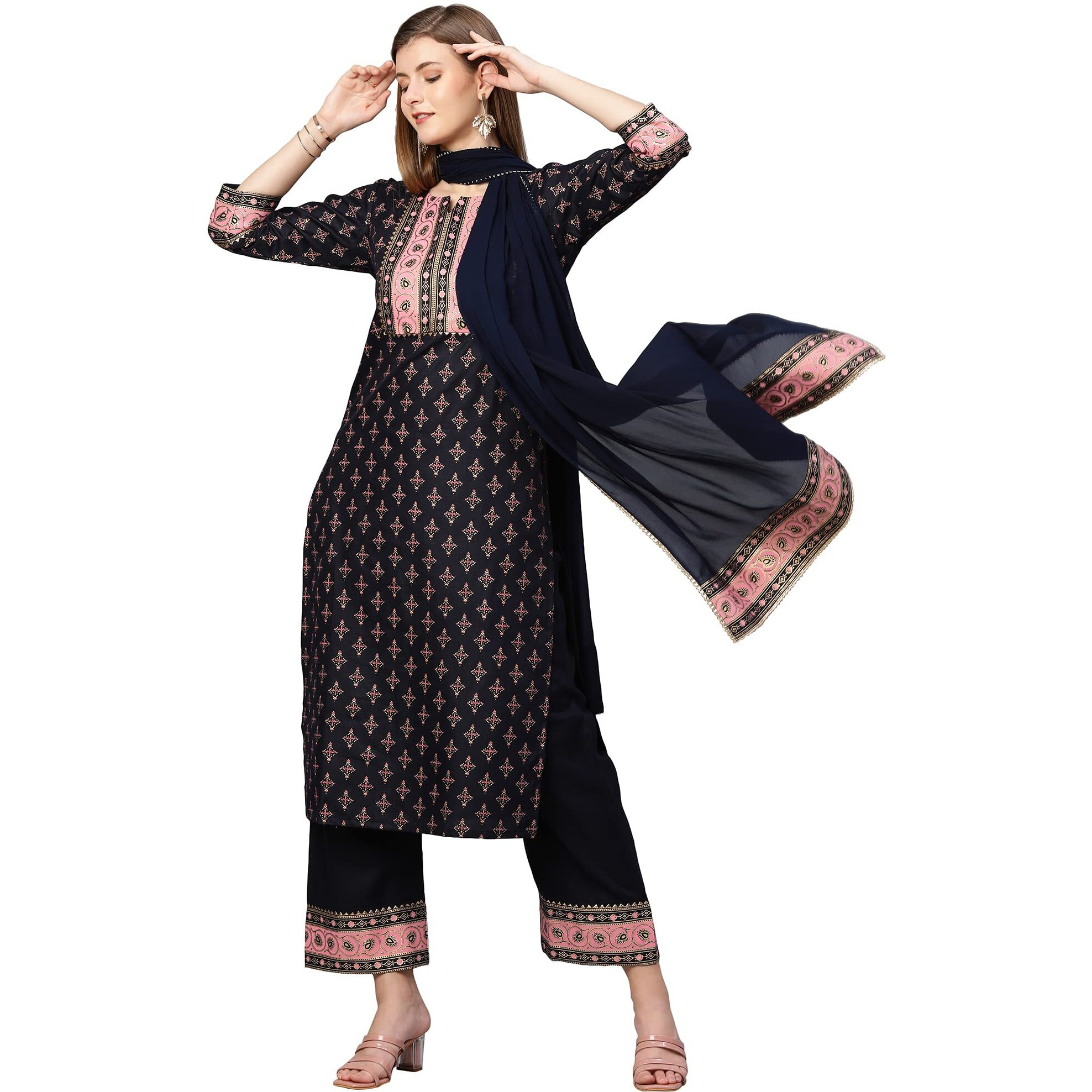 ANNI DESIGNER Women's Cotton Blend Straight Kurta with Palazzo & Dupatta (Deep Black_XXL_Black_XX-Large)