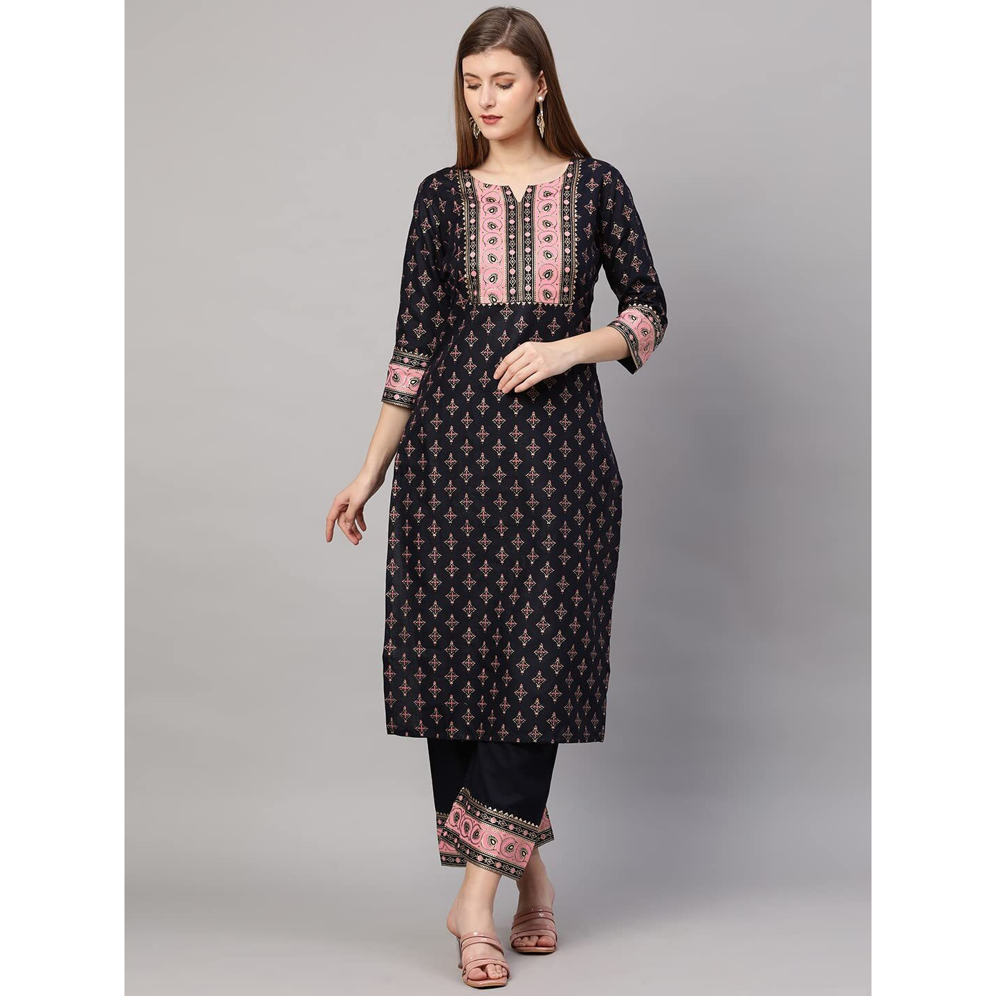 ANNI DESIGNER Women's Cotton Blend Straight Kurta with Palazzo & Dupatta (Deep Black_XXL_Black_XX-Large)