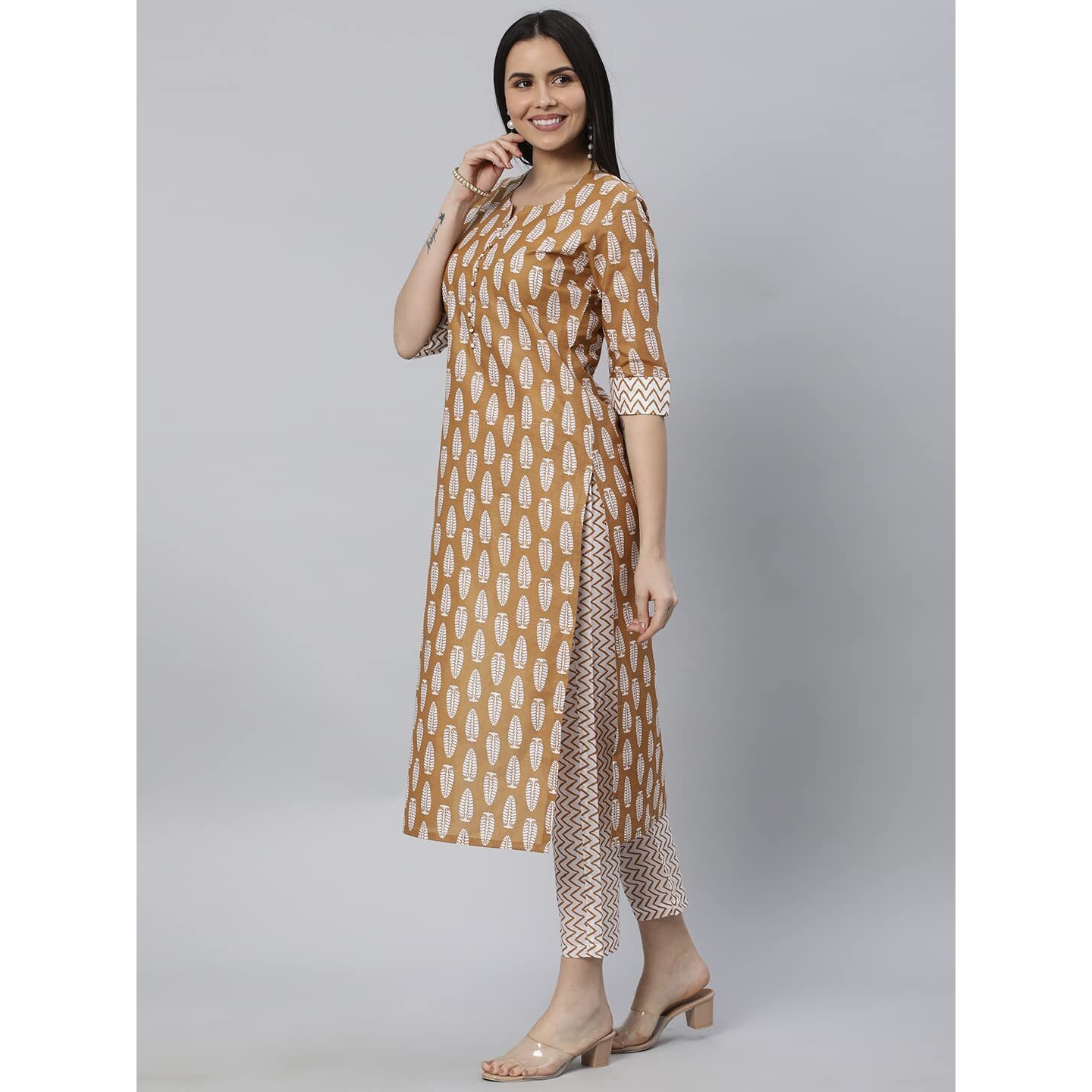 ANNI DESIGNER Women's Cotton Blend Traditional Straight Printed Kurta and Pant Set (Danapa Mustard_S_Mustard_Small)