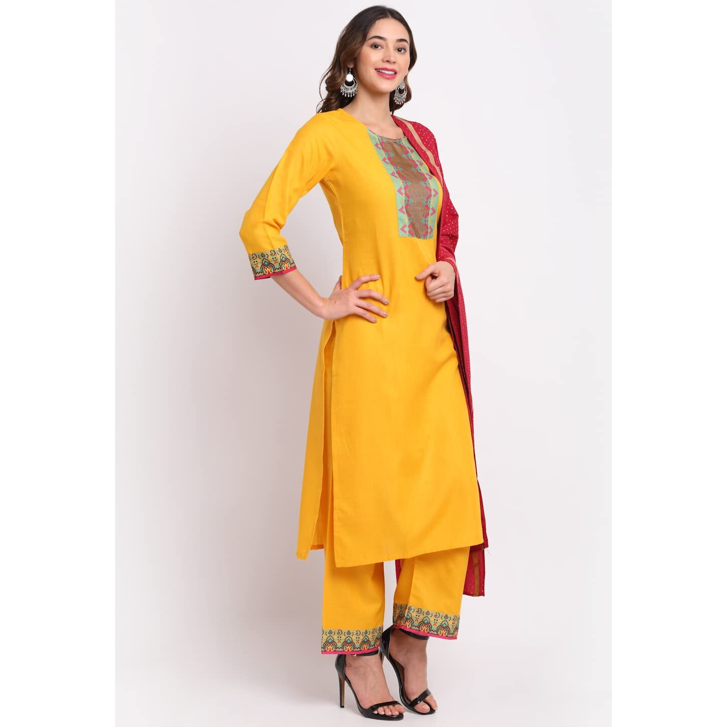 ANNI DESIGNER Women's Cotton Straight Kurta with Palazzo & Dupatta (HANI Yellow_XL_Yellow_X-Large)