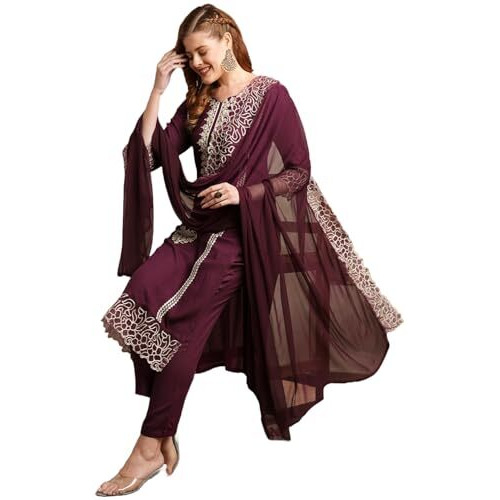 ANNI DESIGNER Women's Rayon Blend Straight Embroidered Kurta with Pant & Dupatta (TRP WINE-VKS01_XL_Wine_X-Large)