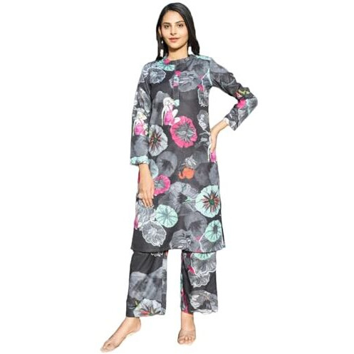 ANNI DESIGNER Women's Rayon Blend Short Length Printed Co-Ord Set (Kareena Black Co Ord_XXL_Black_XX-Large)
