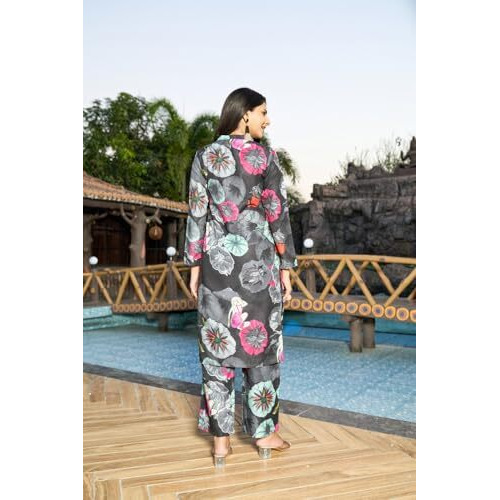 ANNI DESIGNER Women's Rayon Blend Short Length Printed Co-Ord Set (Kareena Black Co Ord_XXL_Black_XX-Large)