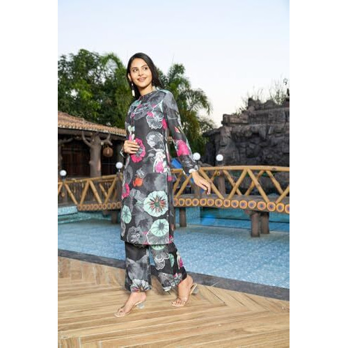 ANNI DESIGNER Women's Rayon Blend Short Length Printed Co-Ord Set (Kareena Black Co Ord_XXL_Black_XX-Large)