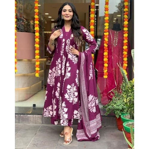ANNI DESIGNER Women's Rayon Blend Anarkali Printed Kurta with Pant & Dupatta (Jasiwal Wine-VKS01_M_Wine_Medium)