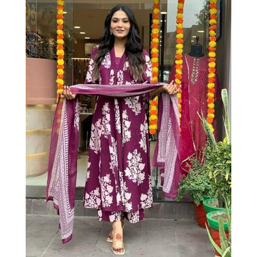 ANNI DESIGNER Women's Rayon Blend Anarkali Printed Kurta with Pant & Dupatta (Jasiwal Wine-VKS01_M_Wine_Medium)