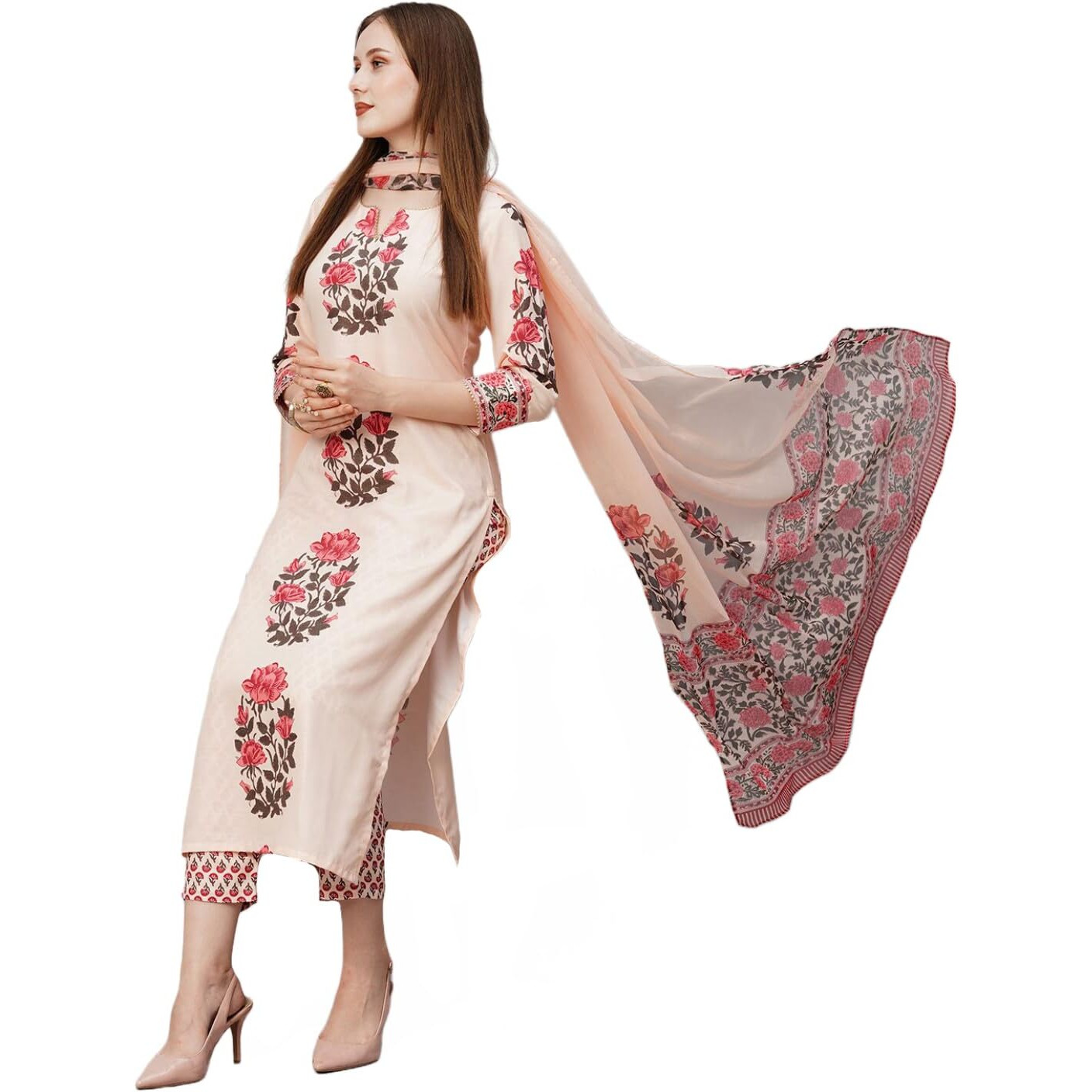 ANNI DESIGNER Women's Rayon Blend Straight Printed Kurta with Pant & Dupatta (Actual-Cream-NW_L_Cream_Large)