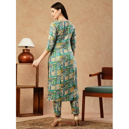 ANNI DESIGNER Women's Cotton Blend Straight Printed Kurta with Pant (ING 10 Blue_XXL_Blue_XX-Large)