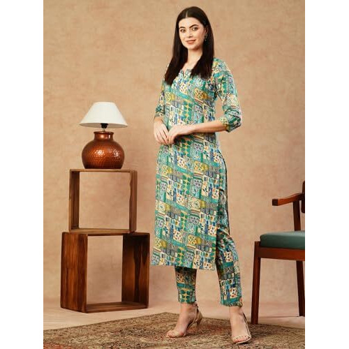 ANNI DESIGNER Women's Cotton Blend Straight Printed Kurta with Pant (ING 10 Blue_XXL_Blue_XX-Large)