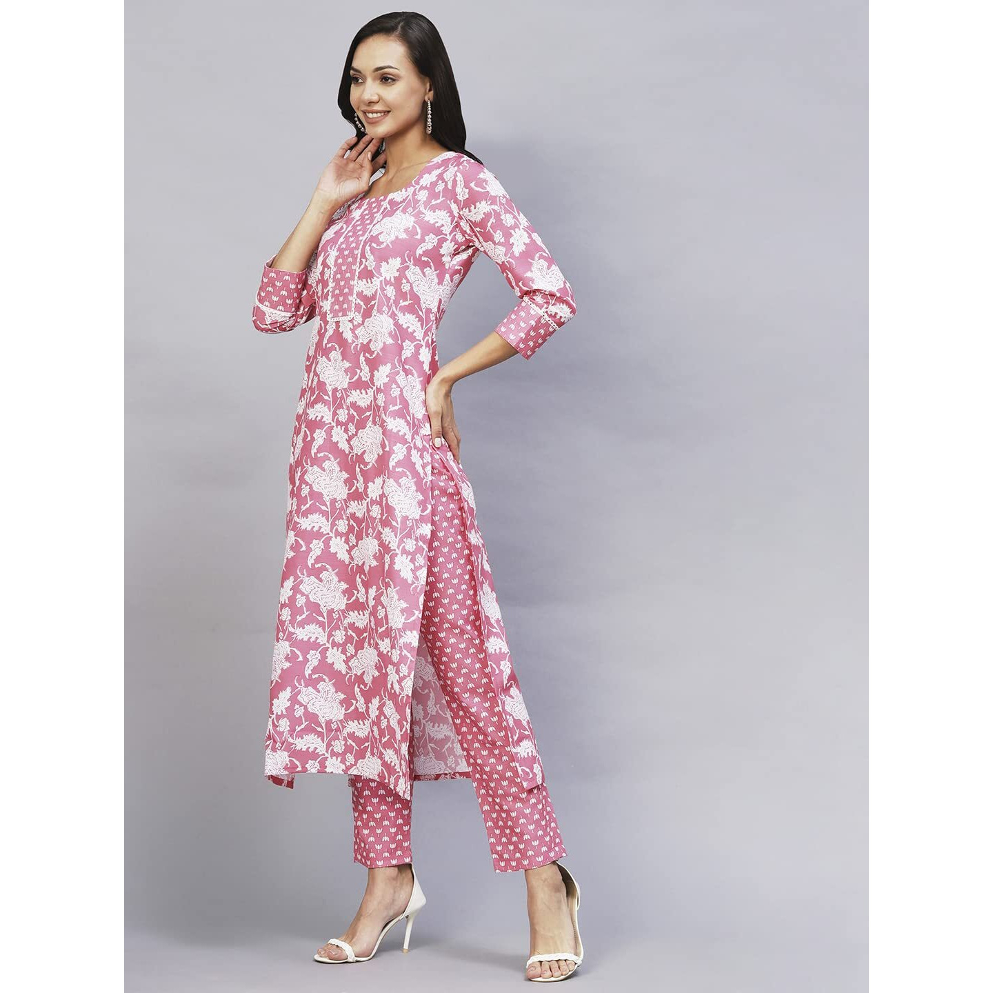 ANNI DESIGNER Women's Cotton Blend Printed Straight Kurta with Pant (Pustak Pink-Nw_XL_Pink_X-Large)
