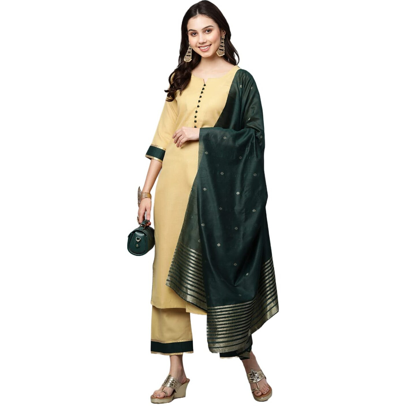 ANNI DESIGNER Women's Cotton Blend Straight Printed Kurta with Pant & Dupatta (Game Chiku_S_Chiku_Small)