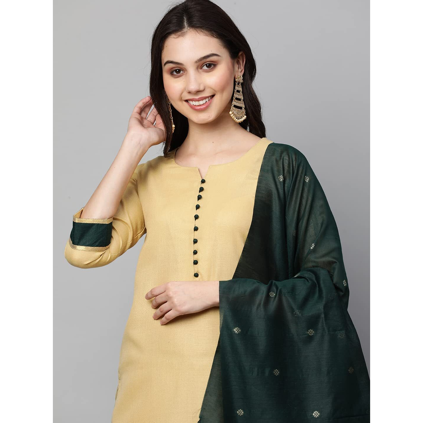 ANNI DESIGNER Women's Cotton Blend Straight Printed Kurta with Pant & Dupatta (Game Chiku_S_Chiku_Small)
