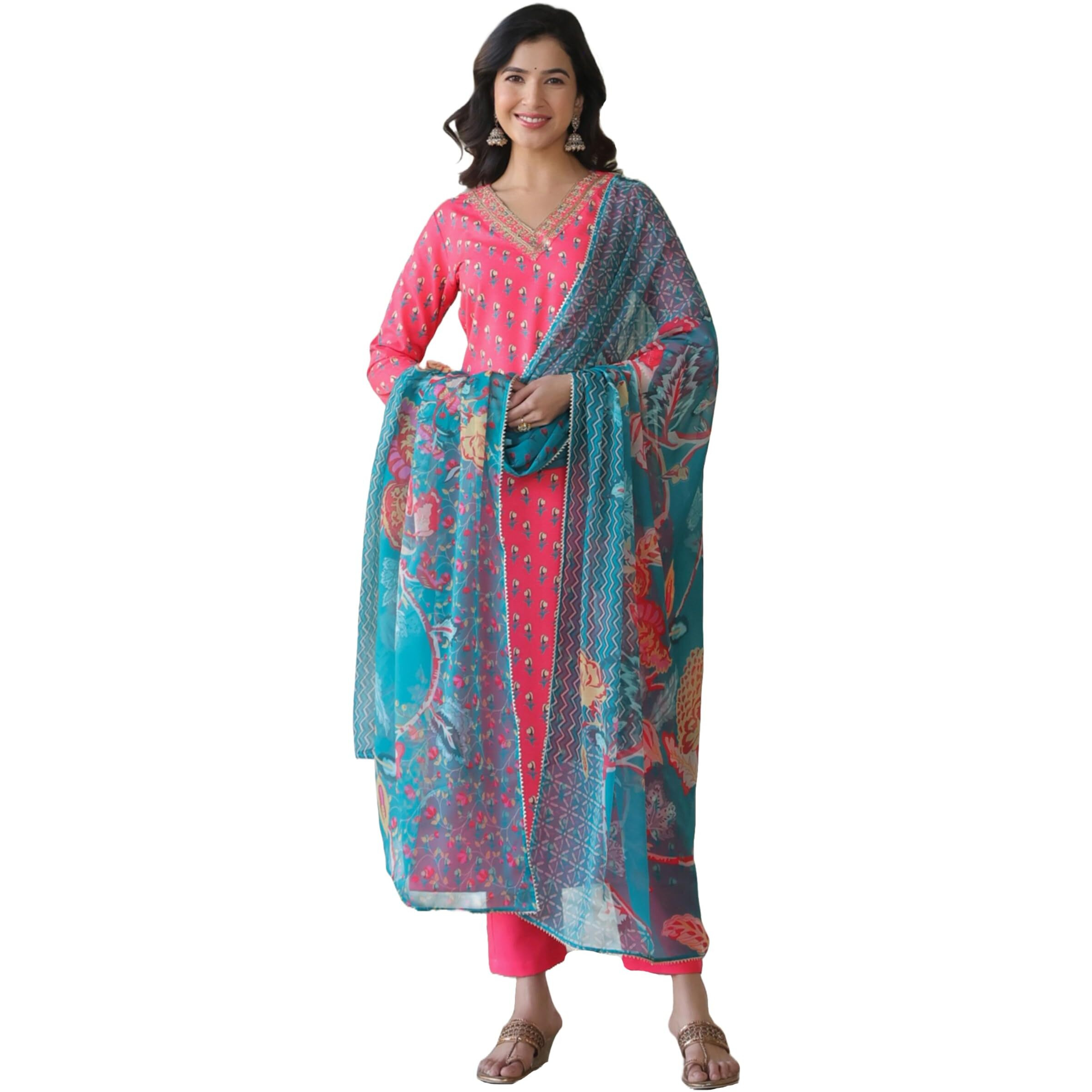 ANNI DESIGNER Women's Cotton Blend Straight Printed Kurta with Pant & Dupatta (Foolkiran Pink_XL_Pink_X-Large)