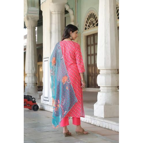 ANNI DESIGNER Women's Cotton Blend Straight Printed Kurta with Pant & Dupatta (Foolkiran Pink_XL_Pink_X-Large)