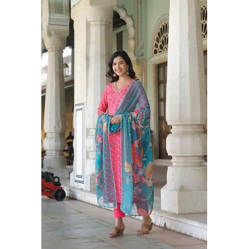 ANNI DESIGNER Women's Cotton Blend Straight Printed Kurta with Pant & Dupatta (Foolkiran Pink_XL_Pink_X-Large)