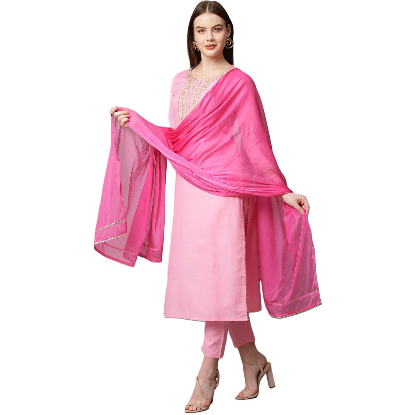 ANNI DESIGNER Women's Cotton Blend Solid Straight Kurta with Pant & with Dupatta (Aard_Baby Pink_XXL_Baby Pink_XX-Large)